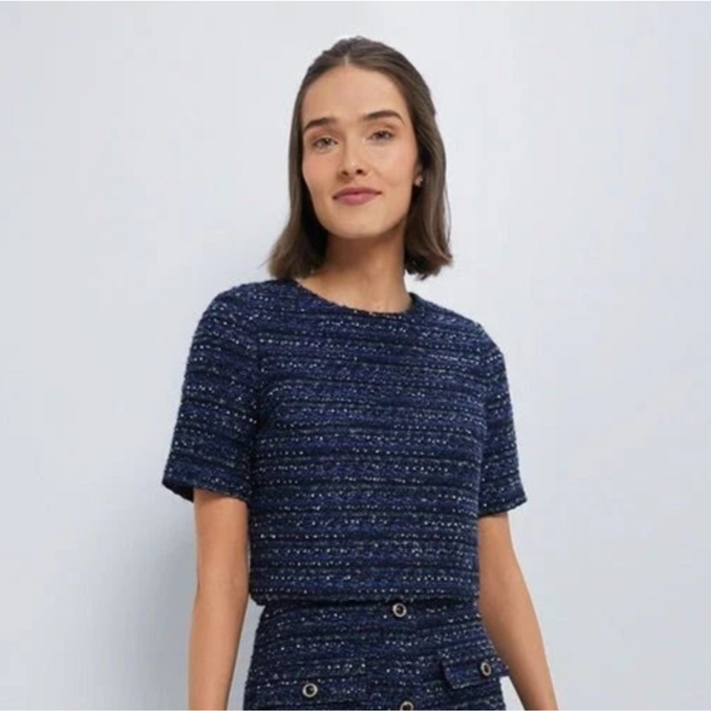 Hyacinth House Tweed Georgia Top Womens Medium Navy Short Sleeve Crew Blouse